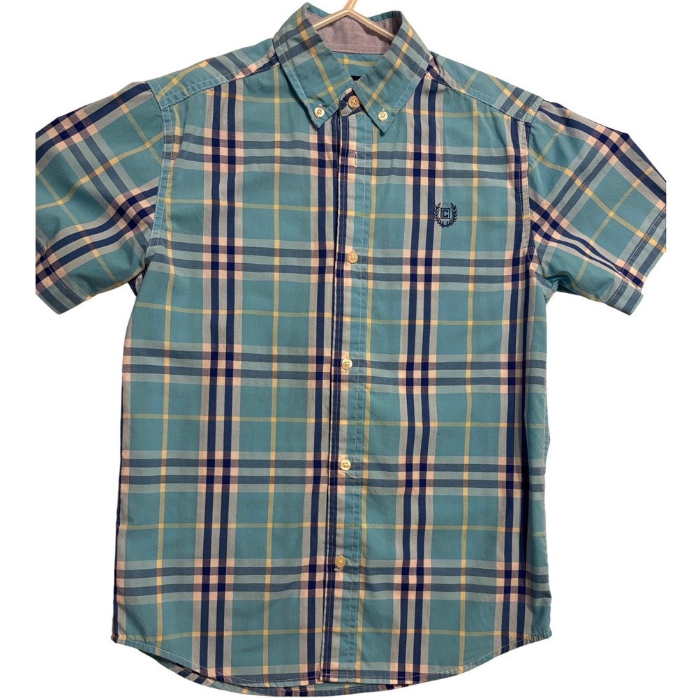 Chaps Plaid Short Sleeve Button Up Shirt Casual Blue Yellow‎ Kids M - EUC- NICE!